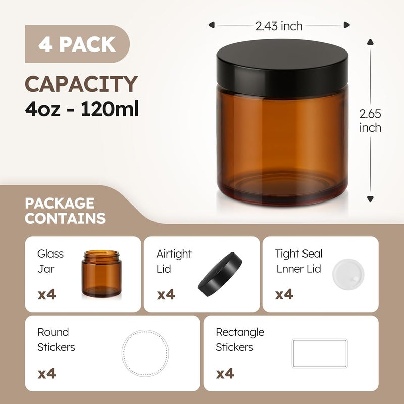 Tecohouse 4 oz Glass Jars with Lids, 4 Pack Amber Glass Jars with Black Lids Leakproof Round Airtight Empty Cosmetic Travel Containers with Inner Liners For Lotions Powders and Candle Making - Image 3